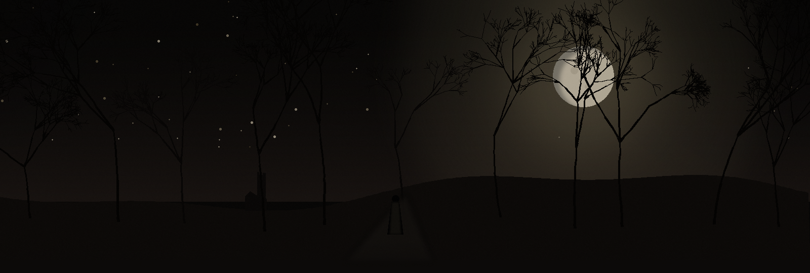 A figure walking a moonlit path between bare trees, a distant ruin on the hill